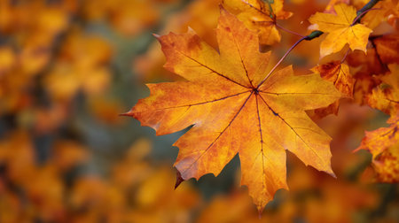 A single maple leaf, vibrant with autumnal shades of orange and yellow, stands out in sharp focus against a blurred background of fall foliage.の素材