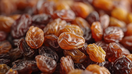 Close-up shot of a rich, textured pile of dried raisins, highlighting their wrinkled surfaces and variations in color.の素材