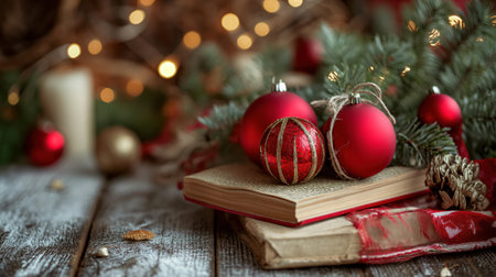 Red Christmas baubles rest on old books amidst pine branches and festive lights, creating a warm, nostalgic holiday scene.の素材