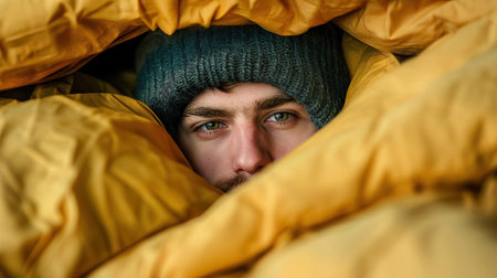 Close-up of a man's face with piercing blue eyes, peering out from the warmth of a yellow sleeping bag, wearing a green beanie.の素材