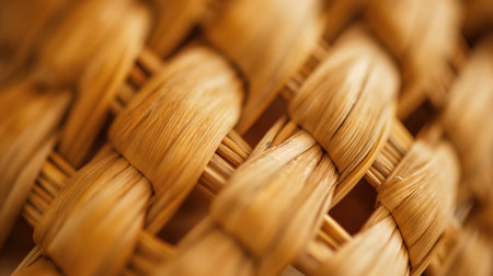 A macro shot reveals the intricate detail of a handwoven straw pattern, showing the craftsmanship and texture.の素材