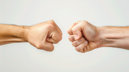 A close-up of two fists meeting in a fist bump, a gesture of agreement, solidarity, or greeting, set against a plain background.の素材