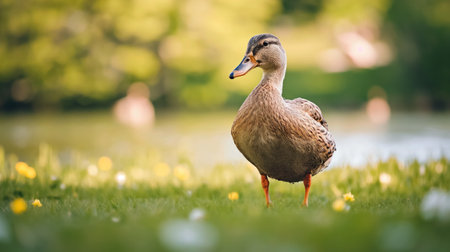 A solitary duck stands in vibrant green grass sprinkled with dandelions, the soft light enhancing the tranquil outdoor setting.の素材
