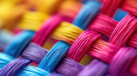 A detailed close-up of a vibrant, multicolored cross-weave pattern made from threads in shades of blue, red, and yellow.の素材