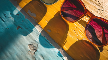 Stylish sunglasses lying on a textured wall, casting vivid orange and blue shadows in bright sunlight.の素材