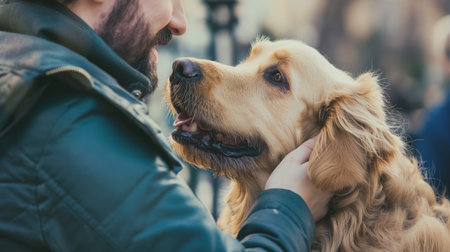 Close-up of a heartfelt moment between a bearded man and his loyal golden retriever in an outdoor setting.の素材