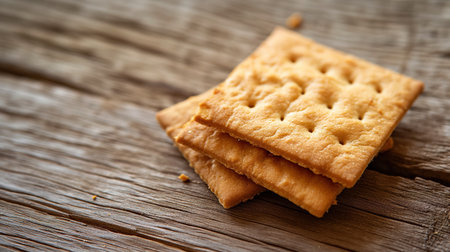 Close-up of a small stack of golden-brown savory crackers with a crisp texture, displayed on an aged wooden table surface.の素材