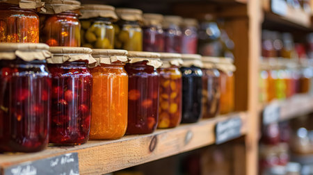 A rustic wooden shelf stocked with an assortment of homemade preserved fruits in jars, showing vibrant colors and traditional canning.の素材