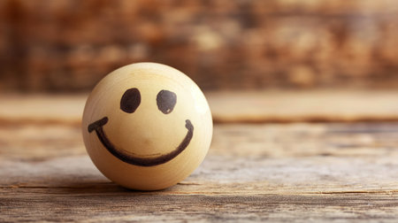 A simple, happy face with black eyes and a wide smile drawn on a round wooden ball, placed on an aged wooden surface.の素材