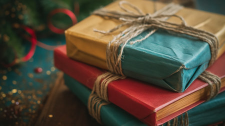 A stack of books gift-wrapped in colorful paper tied with twine, surrounded by holiday decorations and glitter on a wooden surface.の素材
