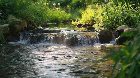 A gentle stream flows gracefully over small rocks, surrounded by lush greenery, creating a serene and peaceful natural environment.の素材