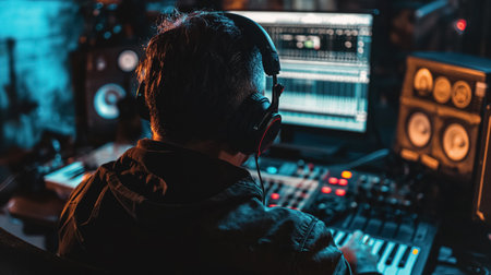 A music producer is focused on mixing tracks in a dimly lit studio, surrounded by professional audio equipment and monitors.の素材