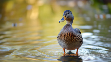 A peaceful scene of a duck standing in the shallow water of a tranquil pond, with a soft reflection and serene surroundings.の素材