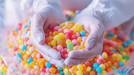Vibrant, multicolored candies cradled in gloved hands, showing a variety of shapes and sizes, with a blurred background.の素材