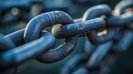 A detailed close-up of rusty, heavy metal chains with a shallow depth of field, highlighting the strength and connection of the links.の素材