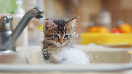 A playful kitten surrounded by bubbles as it curiously explores the water in a kitchen sink.の素材