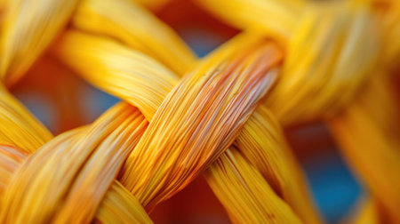 A close-up shot showcases the intricate weaving of bright yellow and orange threads, highlighting the texture and craftsmanship.の素材
