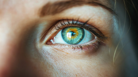 A captivating close-up of a human eye with a vibrant green iris and intricate patterns, showing the beauty and complexity of the eye.の素材