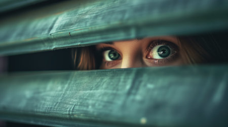 Mysterious close-up of a person's eyes gazing through slightly parted dark wooden blinds.の素材