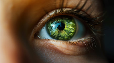 A macro shot of a green eye reflecting the intricate details of a lush forest, capturing the essence of nature within a human gaze.の素材