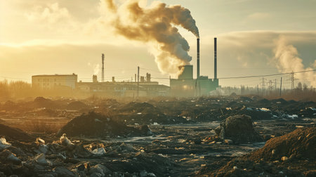 A bleak scene of a polluting factory emitting smoke above a desolate wasteland, symbolizing environmental degradation.の素材