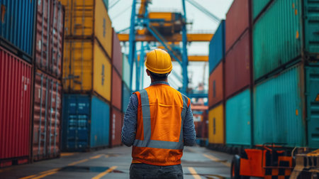 A worker in a yellow hard hat and reflective vest stands amidst towering shipping containers at a busy port, overseeing operations.の素材