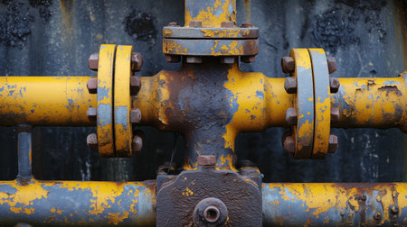 A close-up of an industrial setting showing rusty pipes and valves with peeling yellow paint, depicting wear and decay.の素材