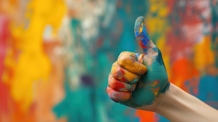 A close-up of a paint-smeared thumb giving a thumbs up, set against a vibrant and chaotic background of splattered colors.の素材