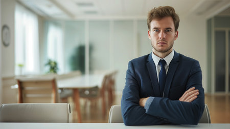 A young, serious businessman stands with his arms crossed in a bright office setting, exuding confidence and professionalism.の素材