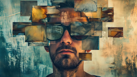 A man's portrait overlaid with a collage of abstract art squares, creating a disjointed and artistic visual effect.の素材