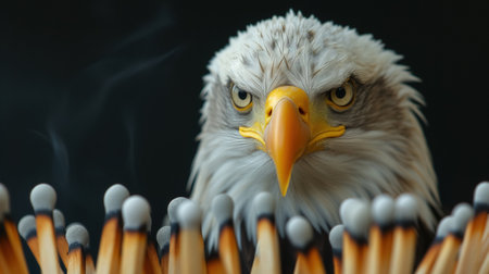 An intense eagle stars forward with a sharp gaze, overshadowed by a barrier of matchsticks, creating a striking visual metaphor.の素材