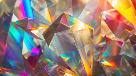 Close-up of shimmering prismatic crystals reflecting a spectrum of vibrant colors, showing their geometric beauty and complexity.の素材
