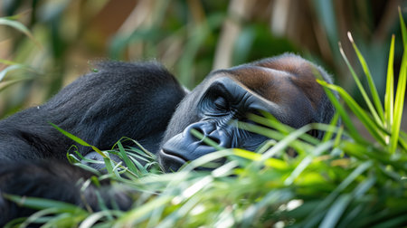 A thoughtful gorilla lies in repose among lush greenery, its gaze introspective as it rests in the tranquility of its natural habitat.の素材