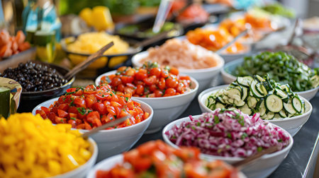 A colorful display of various fresh salads in bowls, lined up on a buffet, with a focus on vibrant vegetables and toppings.の素材
