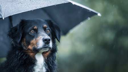 A forlorn dog sits under a black umbrella, gazing out with soulful eyes as the rain pours down around it.の素材