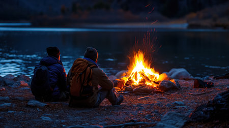 Two outdoor enthusiasts sit by a warming campfire at dusk, enjoying the serene lakefront ambiance in a tranquil setting.の素材