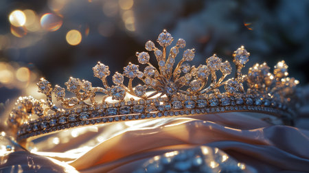 Gleaming crystal tiara resting on satin fabric, with warm bokeh lights creating a magical, festive background atmosphere.の素材