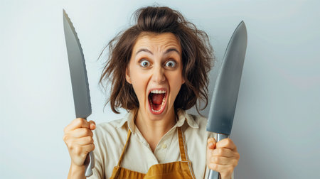 A woman looks ecstatic, holding two large kitchen knives up in the air with a wide-eyed, enthusiastic expression.の素材