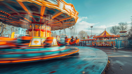 A vibrant carousel spins rapidly, captured with a motion blur that conveys the excitement and dynamism of an amusement park.の素材