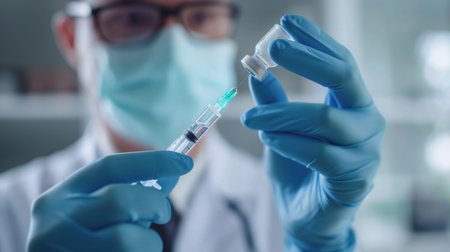 A medical professional, wearing a surgical mask and gloves, carefully prepares a vaccine dose in a syringe, set in a clinical environment.の素材