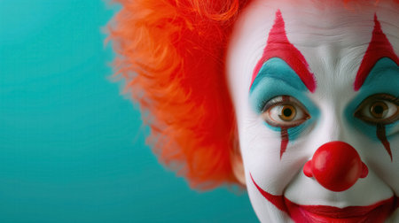 A friendly clown sporting vibrant orange hair, a red nose, and striking white and red makeup against a teal background.の素材