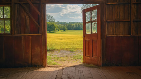 Rustic barn doors open to a serene view of a lush golden field, inviting a sense of peace and rural beauty.の素材