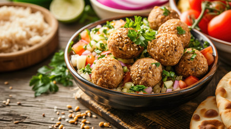A rustic bowl filled with homemade falafel balls accompanied by a fresh chopped vegetable salad and flatbread on the side.の素材