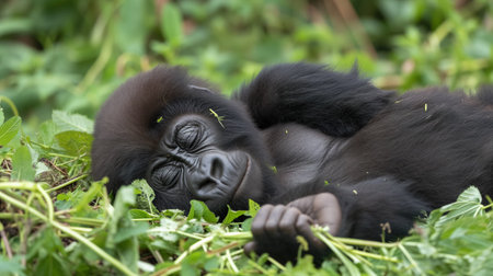 A peaceful young gorilla lies on its back amidst lush foliage, enjoying a moment of relaxation in its natural habitat.の素材