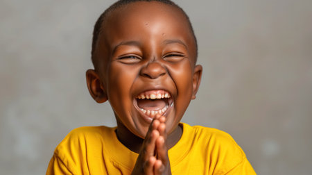 A young child in a vibrant yellow shirt with hands clasped together, laughing heartily with eyes closed in pure joy.の素材
