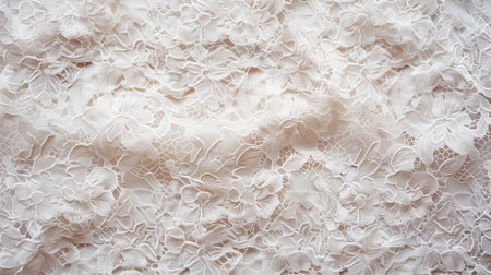 An intricate pattern of white lace with floral designs, showing delicate craftsmanship up close on a light background.の素材