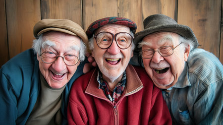 Three cheerful elderly men in hats and glasses share a joyful moment, laughing heartily with bright expressions.の素材