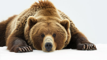 A large brown bear appears relaxed and contemplative as it lies on a snowy ground, gazing into the distance.の素材