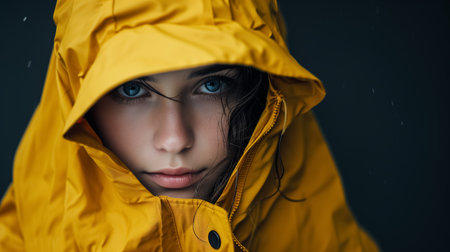A captivating close-up of a person in a yellow raincoat, the hood pulled tight, revealing intense eyes and a subtle smile.の素材