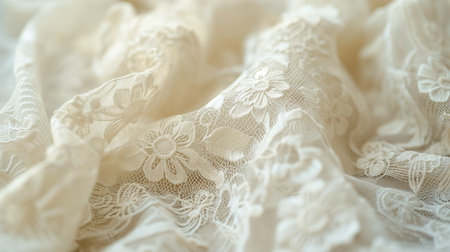 Soft focus on intricate white lace fabric, highlighting its delicate floral patterns and the artistry of textile design.の素材